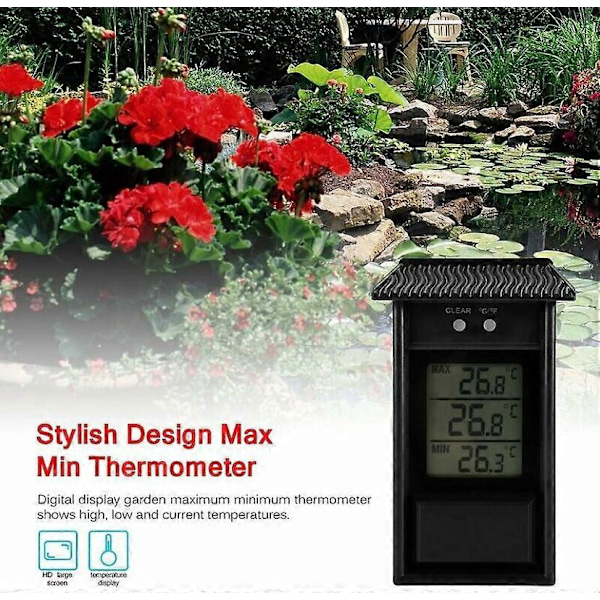 Digitalt drivhustermometer, vandtæt minimum opløsning 0,1C, temperaturområde -20 - 50C, vægmonteret batteri sort