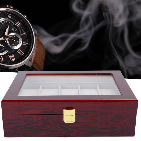 Træ 10 Grid Watch Display Box Transparent vindues Ur Opbevaringsboks (rød)