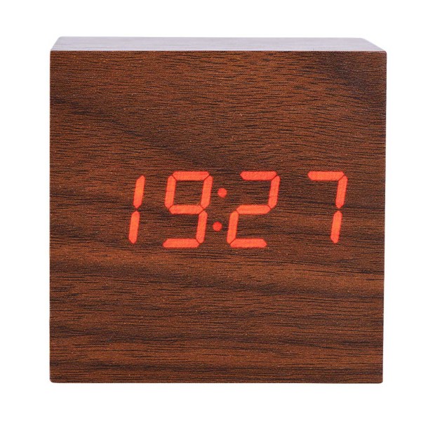 6x6x6cm Trä Elektronisk Digital Väckarklocka Skrivbordsklocka Temperatur LED Display Röststyrning Brun