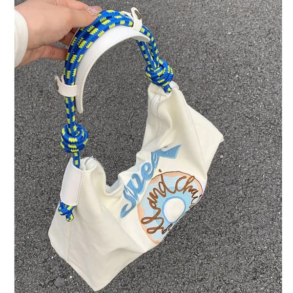 Canvasväskor med stor kapacitet, handbroderad axelväska, mångsidig damväska för shopping, blå