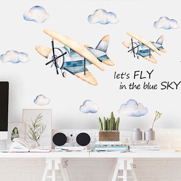 En uppsättning Väggdekaler med Flygplan Moln Mönster för Sovrum Lekrum Kök Vardagsrum Kontor