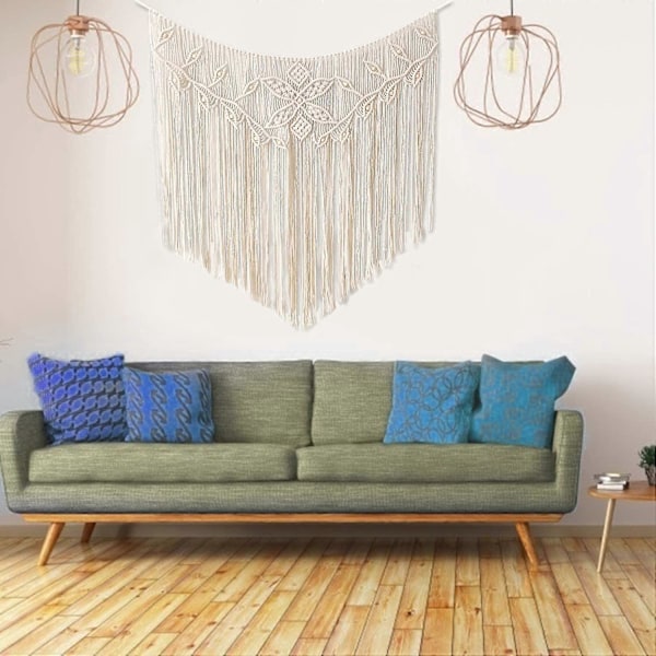 Makramé Väggbonad, Vävd Tapet, Modern Chic Vävd Konst, Handgjord Heminredning, Pärlbroderad Väggdekor för Bröllop, Sovrum, Vardagsrum (100 x 96cm)
