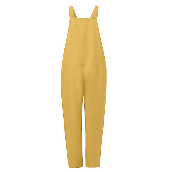 Casual Løs Bomuld Linned Kvinders Overalls Jumpsuit L Gul