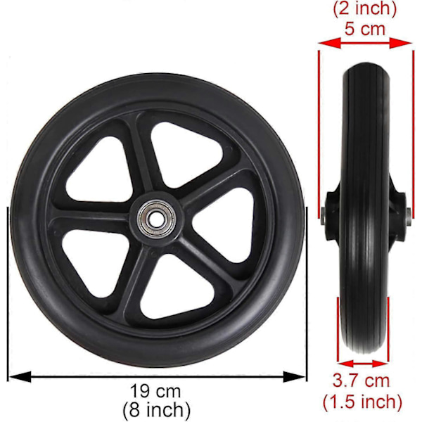 8 tuuman etupyörä, 2 kpl pyörätuolin varaosapyörät, liukumaton kiinteä rengas, 190 mm harmaa mustana, pyörät pyörätuoleihin, rollaattoreihin, kävelytelineisiin musta