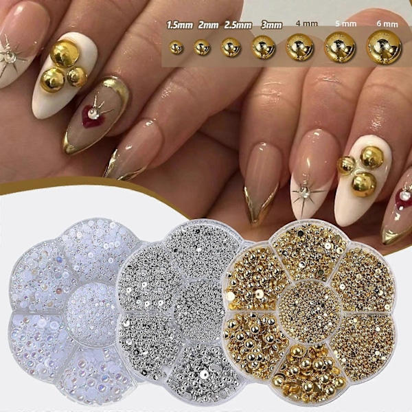 3D Neglekunstdekorasjoner, Sølv og Gullperler, Glitter Neglekunstdekorasjoner for Kvinner, DIY Smykketilbehør, Sko og Vesker gold03