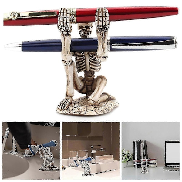 Penholder med uhyggeligt skeletdesign, penopbevaringsstativ i slidstærk resin, pladsbesparende skrivebordsorganisator til hjemmekontoret
