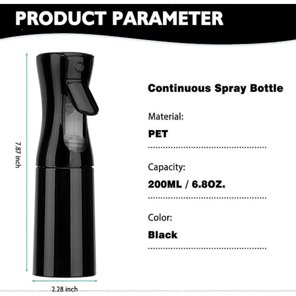 Kontinuerlig Sprayflaska 200 ml (svart-2-pack), Mister Sprayflaska för Hår, Fin Mist Vattensprayflaska för Salonger, Hårstyling, Växter, Hud