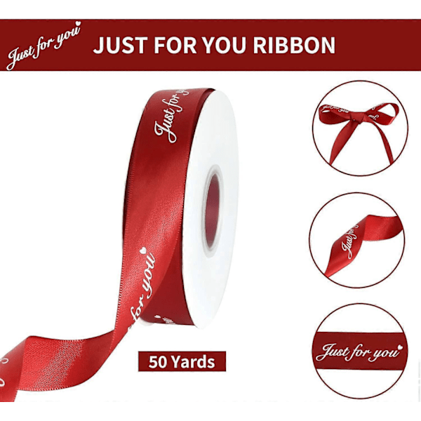 Satinbåndsrulle med 'Just for You'-print - Til bryllup, fødselsdag, Valentinsdag, blomsterindpakning, gaveindpakning, mørkerød (3 cm bred x 41 m lang)