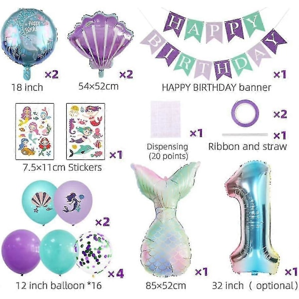 Havfrue Tema Festartikler sæt, Fødselsdagsfest Dekorationer, Inkluderet Tillykke med Fødselsdagen Banner, Folieballoner, Havfruehale Ballon, Nummer Ballon, Sti