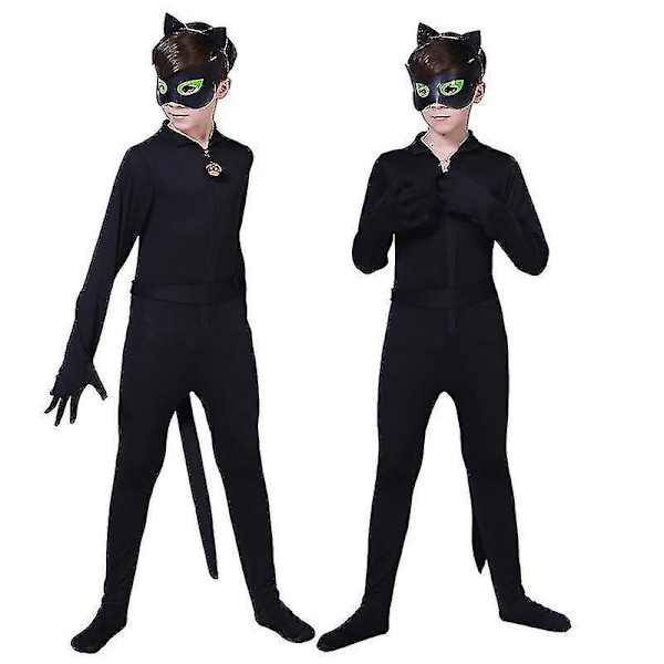 Sort Kat Kostume til Drenge - Cosplay Bodysuit Sæt med Maske, Ører og Hale 110(105-115CM)