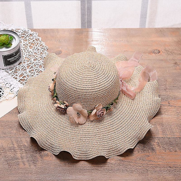 Foldbar Beige Halmhatt for Kvinner - Bred Bremskjerm Solbeskyttelse, Blomsterdekorasjon, Perfekt for Sommerstrand og Reise
