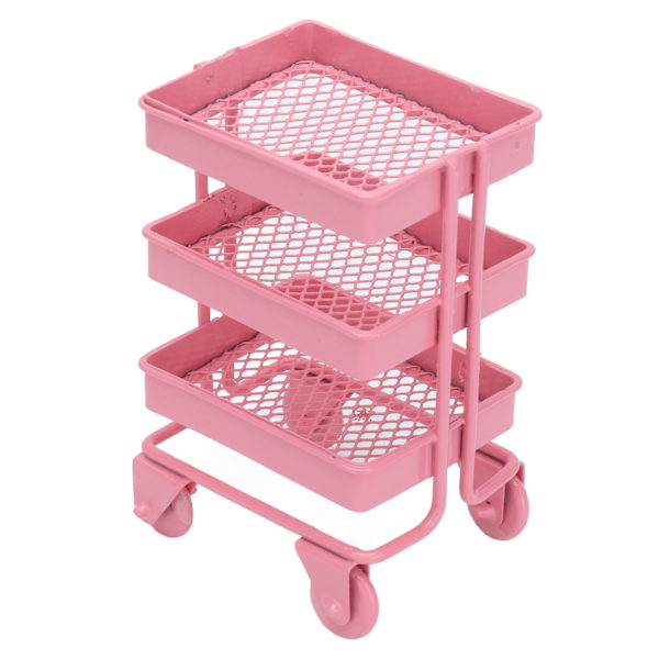 1:12 Miniatyrdockhusleksak 3-nivåers förvaringsställ med hjul för dockhusköksdekorationRosa