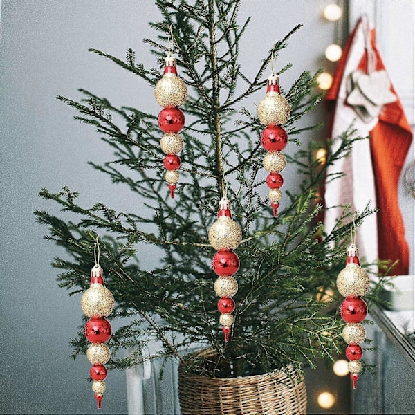 6 Julekuler i Kjegleform, 15cm Julepynt Rød & Gull Juletrepynt