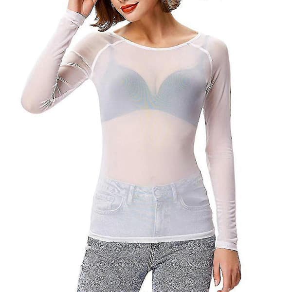 Gennemsigtig langærmet sømløs armformende top mesh bluse til kvinder Hvid White L