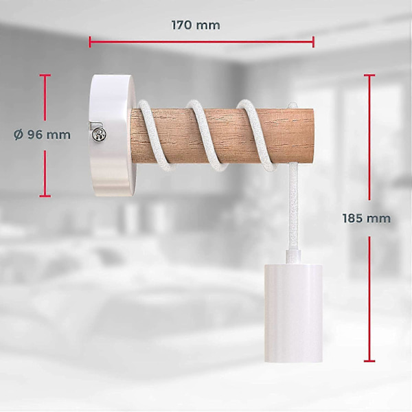 Væglampe, industrielt retro design, træ & metal, stue & soveværelsesbelysning, E27 fatning, til LED pære 10W max, hvid