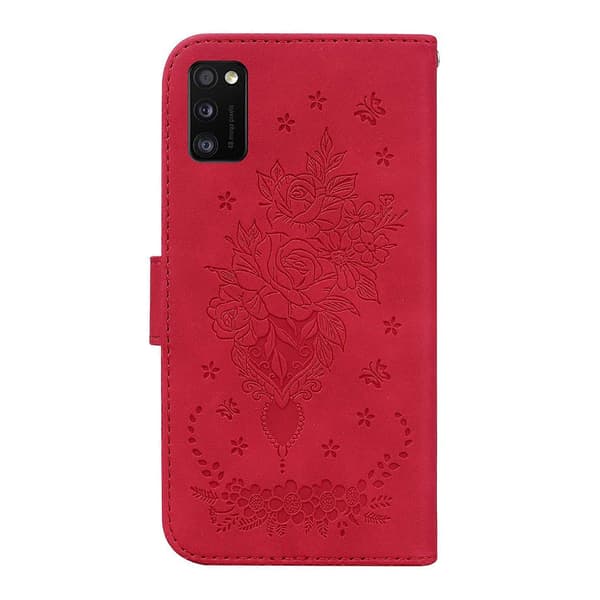 Fodral för Samsung Galaxy A41 med fjärilsrospräglat läder Red