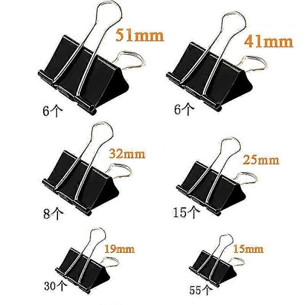 120 Stk. Papirclips Binder Clips Assorterede Størrelser (sort)