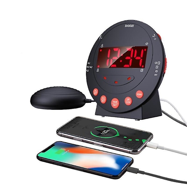 Vibrerande väckarklocka för tunga sovare - 3-i-1 blinkande ljus, sängvibrator, USB-laddare EU-kontakt