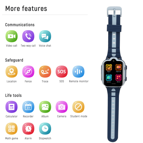 Blue 4G Kids Smartwatch - GPS-positionering, videoopkald, IP67 vandtæt, berøringsskærm Blue