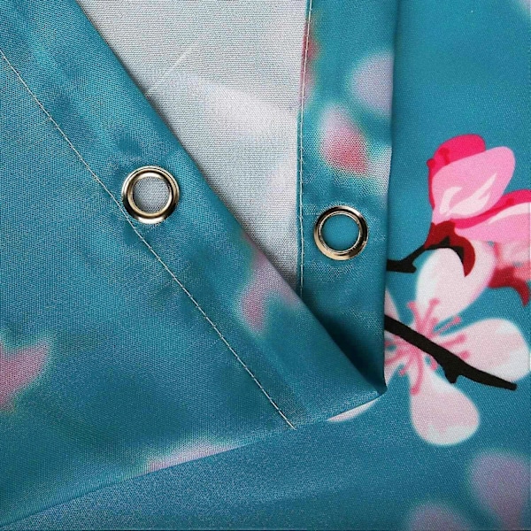 Kirsebærblomst Bruseforhæng, Blomstret Teal Stof Sakura Blomme Bruseforhæng med 12 Kroge Ba