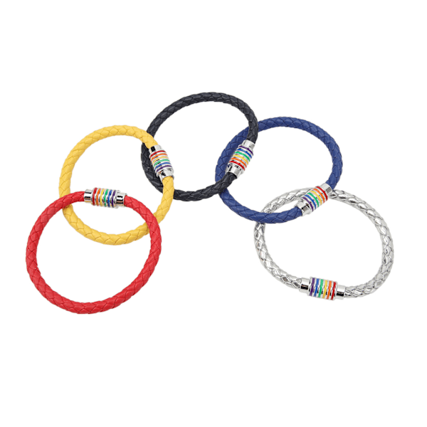 5-pack flätade armband i rött, blått, silver, gult och marinblått med magnetiskt spänne i läder för present