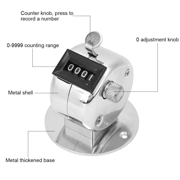 BERM Tally Counter 4-cifret sølv aluminiumslegering håndholdt tælleværktøj med base