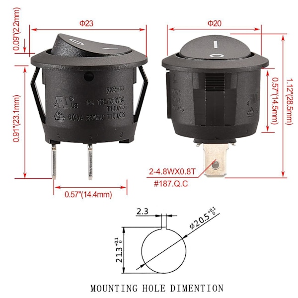 Svart vippströmbrytarset - 5-pack, 2 SPST-terminaler, 6A, 250VAC, UL, VDE