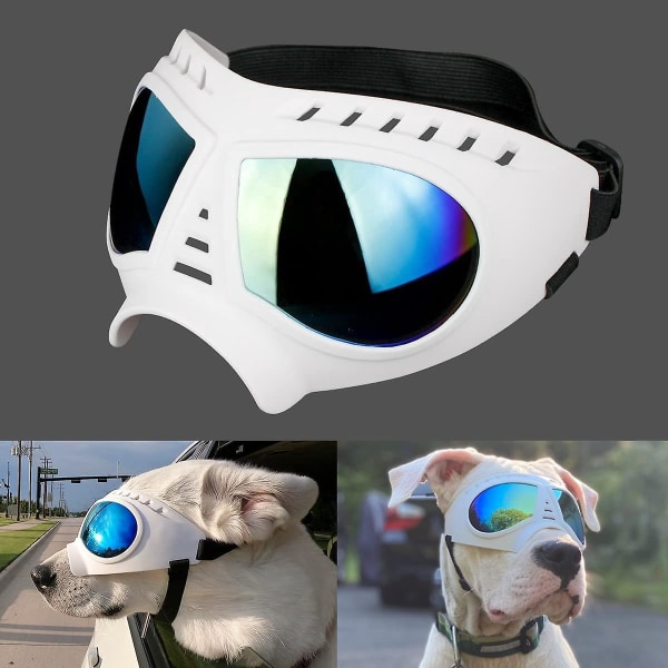 Justerbara UV-skyddande hundsolglasögon med lättanvända remmar för medelstora/stora hundar i vitt