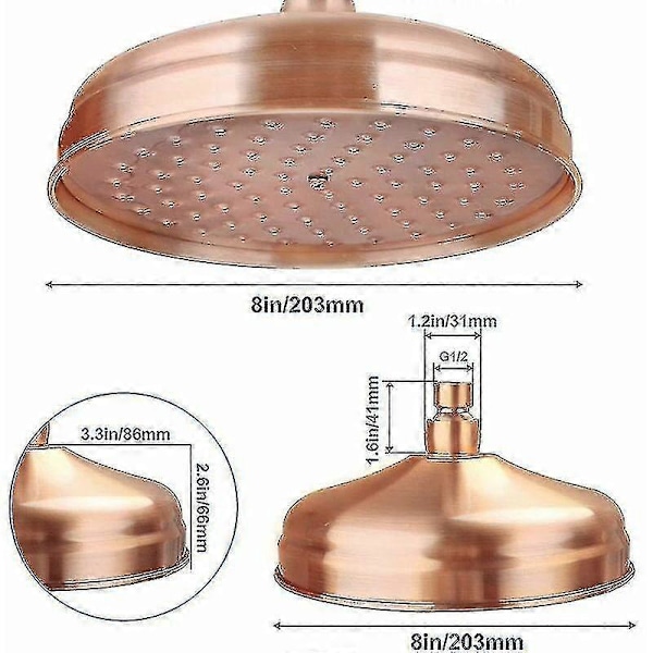 Duschhuvud i koppar, 20 cm (8 tum) diameter, högtrycks fast duschhuvud med justerbar vinkel, regnduschhuvud - Guld