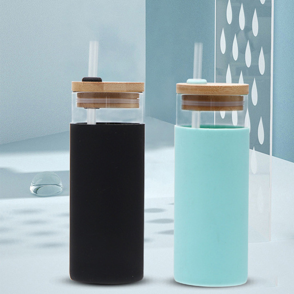 550 ml transparent sugrörsglaskopp med trälock glasvattenflaska