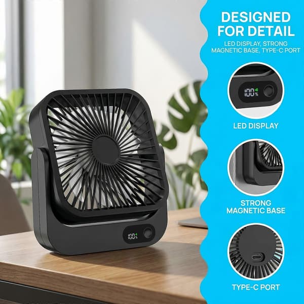 Genopladelig magnetisk ventilator 5000mAh, 5-trins lydsvag bærbar rejseventilator godkendt til krydstogtskibe med digitalt display Black
