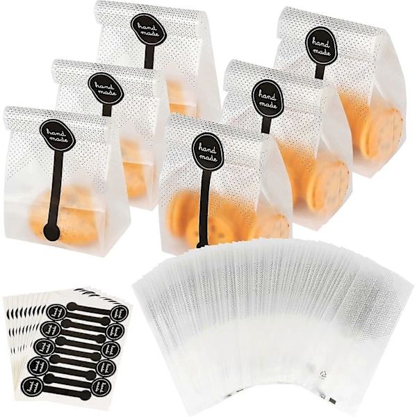 Kakpåsar, 100 st Genomskinliga Plastpåsar med Klistermärken, Förpackningspåsar för Desserter, Cellofanpåsar för Bakverk, Godispåsar, Påsar för Bageri och Konditori