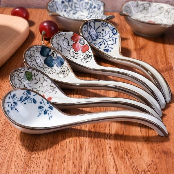 Japanske og koreanske keramiske suppeskjeer sett med 4 (tilfeldig), håndmalte, buede skjeer, lange risskjeer (tilfeldig)