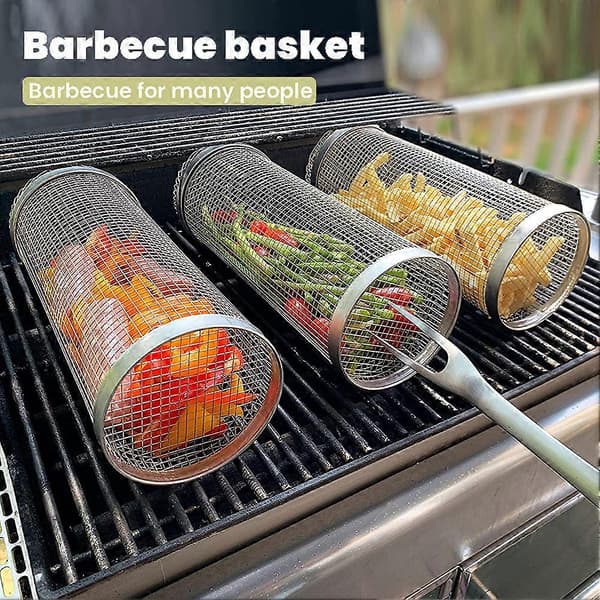 Cylinder Grillkurv Rustfrit Stål Grillnet Grøntsager Kød BBQ Kurv Liten storlek 20 cm