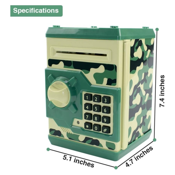 Kids Toy Piggy Bank, Mini ATM Elektronisk banktjenester for mynter og sedler med kode og automatisk pengerulling for gutter, jenter (Green Camo)