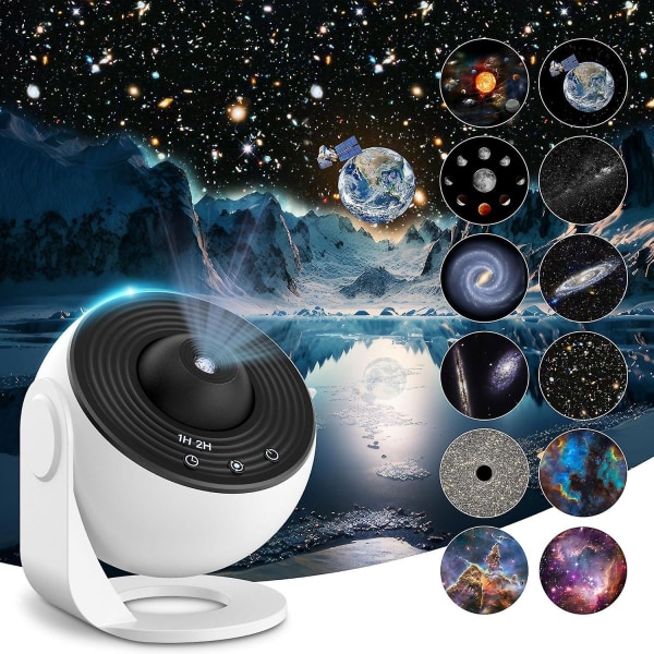 Mexllex Planetarium Star -projektori, jossa on 12 realistista Galaxy-levyä, tähtitaivas yövalolamppu ja kuun yövalo