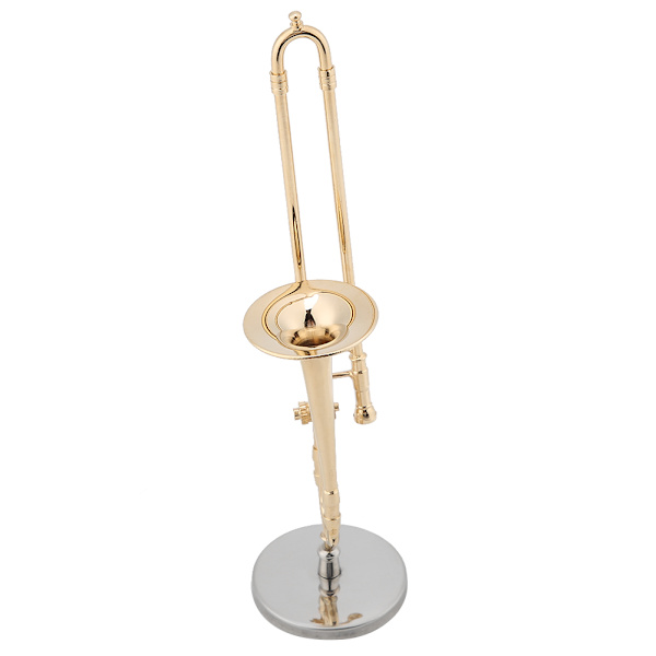 Miniature trombone replika med stativ og urkasse guldbelagt instrumentmodel musikalske ornamenter