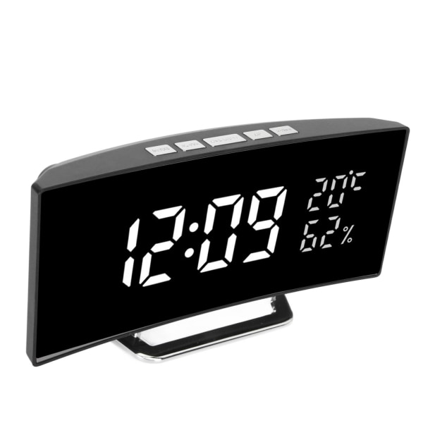 Böjd digital klocka LED-spegel bakgrundsbelysning 3 nivåer ljusstyrka Desktop klocka med temperatur luftfuktighet display vitt ljus