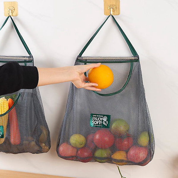 Hengende nettpose for grønnsaker og frukt Gjenbrukbare frukt- og grønnsaksposer Pustende nett for grønnsaker, frukt, kjøkkenoppbevaring hvit og blå 41*35c