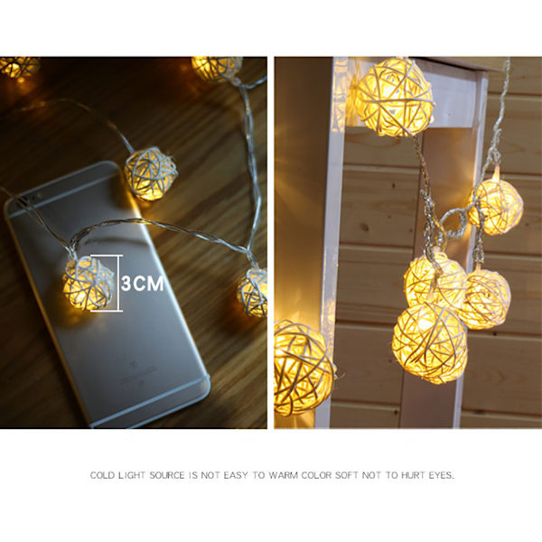 20LED Rattan Ball String Lights Romantisk Dekorativ Fairy Light til udendørs indendørs
