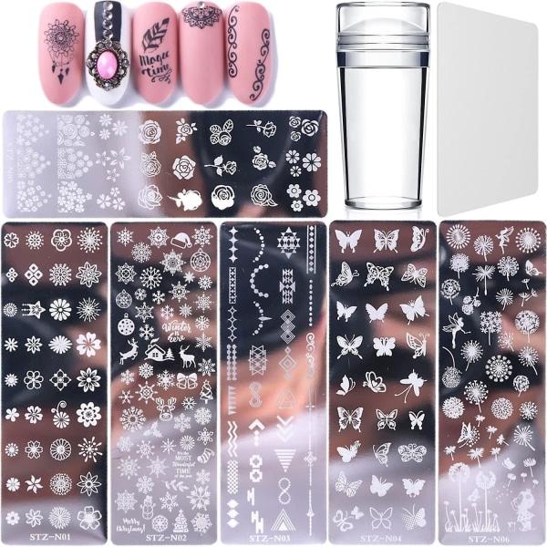 6-delt nail Art stemplingssett for kvinner og jenter, inkludert plater, klar buffer og skrape