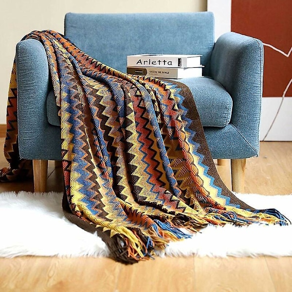 Stor Rutig Bohotäcke Stickad Filt 130 X 230cm i Akrylfiber med Fransar för Soffa Fåtölj Sovrum Säng (Orange),