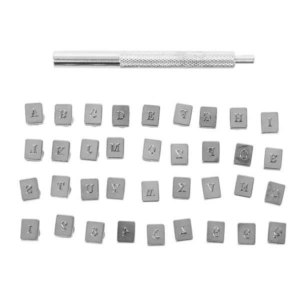 36 stansar i metall, 3 mm, bokstäver, läder, prägling, snidning, märkning, hantverksverktyg