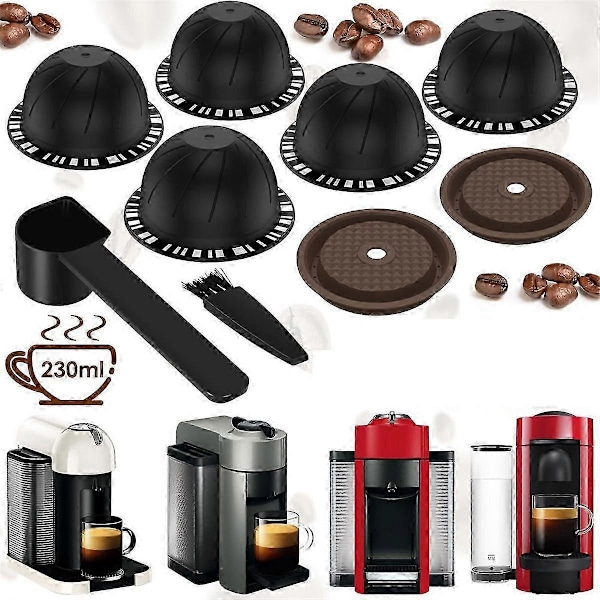 5 stk. Gjenbrukbare Vertuo-kapsler kompatible med Nespresso-maskin, kaffekapsel med 2 silikonlokk, 1 skje og børste