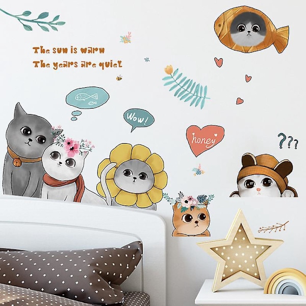 1 Styck Söta Katt Väggdekaler För Barnrum Heminredning Tecknade Djur Väggdekaler PVC Mural Konst