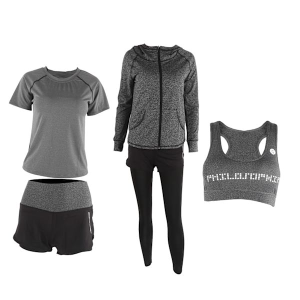 5-delad yogasett för kvinnor, sportkläder, gymjacka, långärmad topp, leggings, shorts, yogadräkt, mörkgrå, XXL