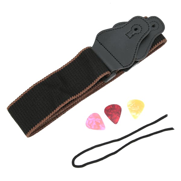 Gitarrrem Akustisk Elektrisk Bas Ukulele Bälte Justerbar Breddad PU-läder 3 Plektrum (Brun)
