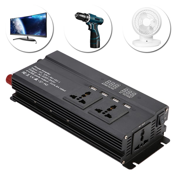 DC 12V till 220-240V 1200W / 3000W Automatisk spänningsomvandlare Inverter Konverter Bil laddning EU-kontakt