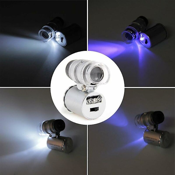 60X Mini Upplyst Fickjuvelerare Förstoringsglas Justerbart Mikroskop med UV-Fluorescensdetektor och LED Vita Lampor