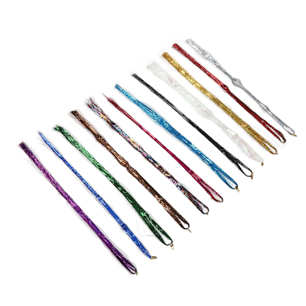 Fargerike hårstrikker med glitter - 12 tråder med 1,2 m lasertråd, tang, heklenål og 3# hårforlengelsesklips